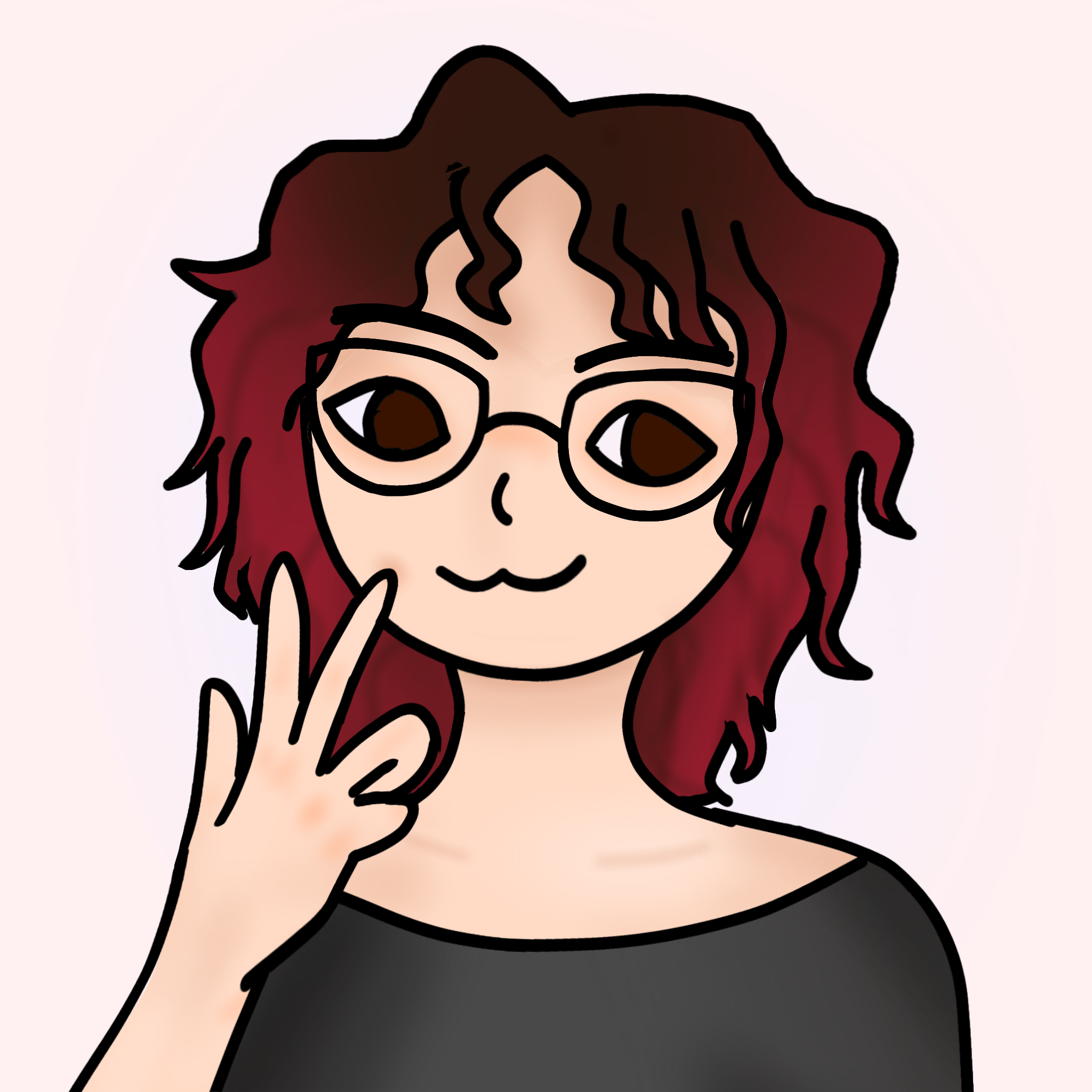 A drawing of Lyam, with red hair, glasses, a gray shirt and a big smile, inside a white circle